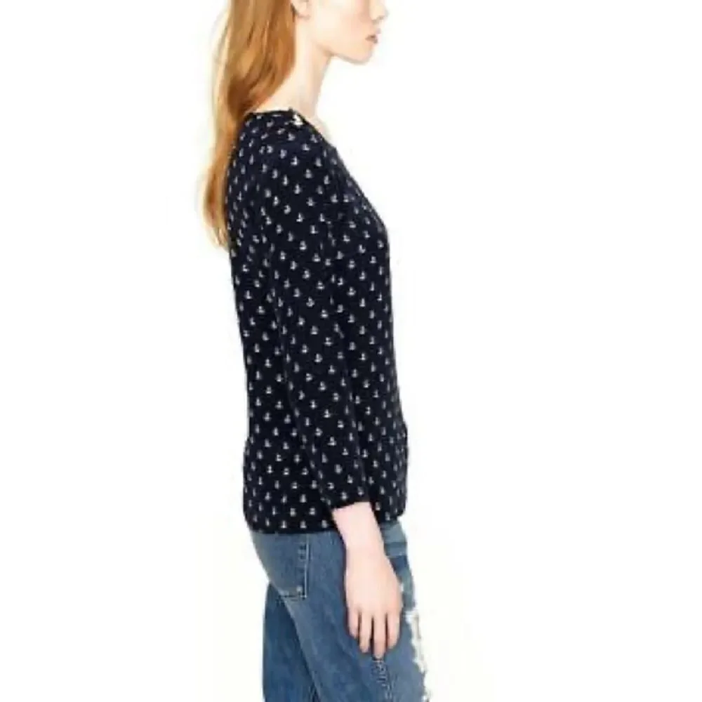 J. CREW Silk Popover Blouse Shirt With Anchor Nautical Print Navy Blue White 0